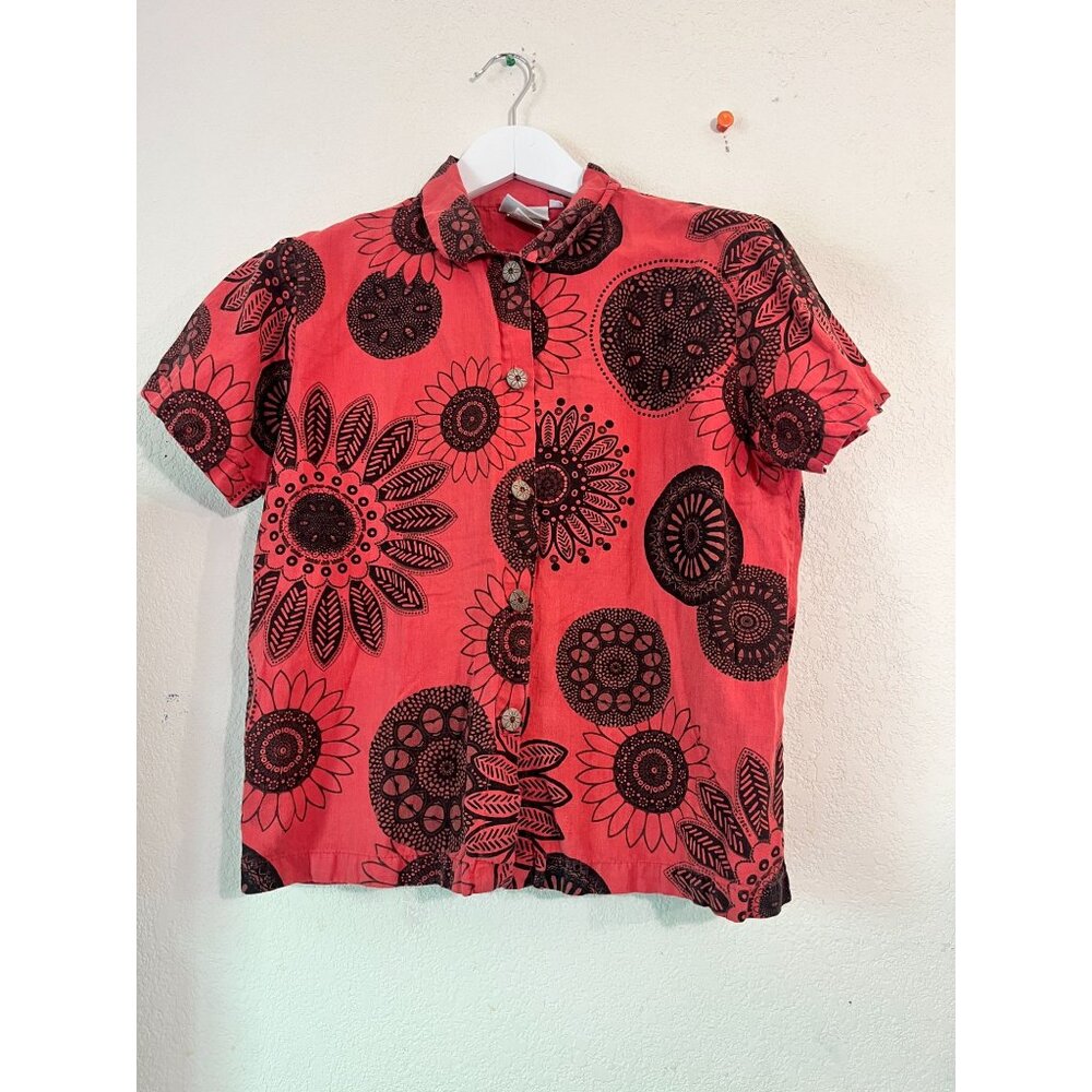Hot Cotton Womens Red Black Floral Button-Up Shirt Medium Linen Cotton Casual